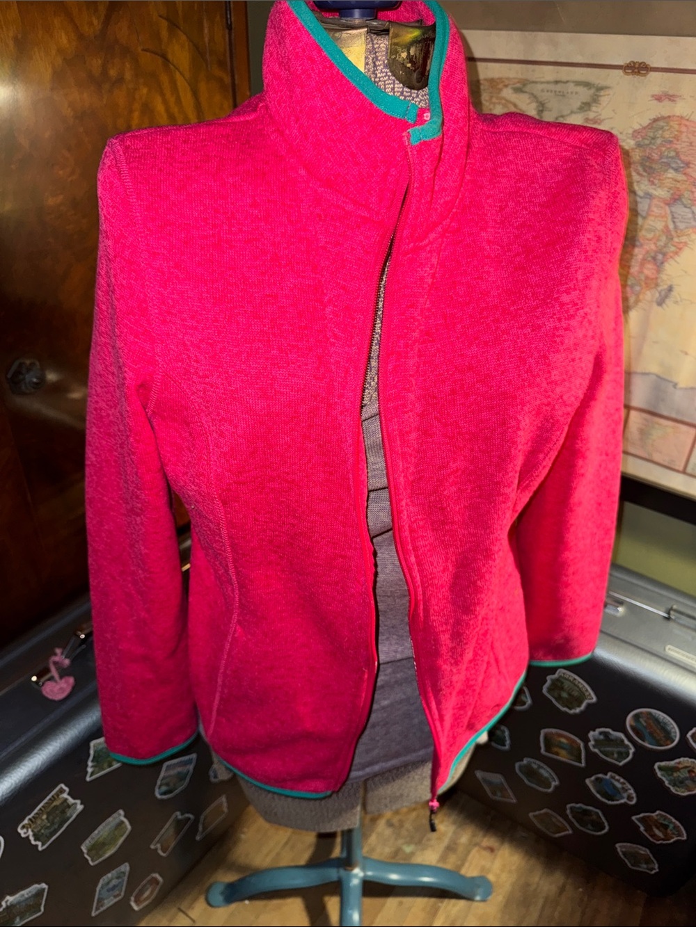 Head Women's Hot Pink Teal Full Zip Mock Neck Knit Fleece Jacket Size L